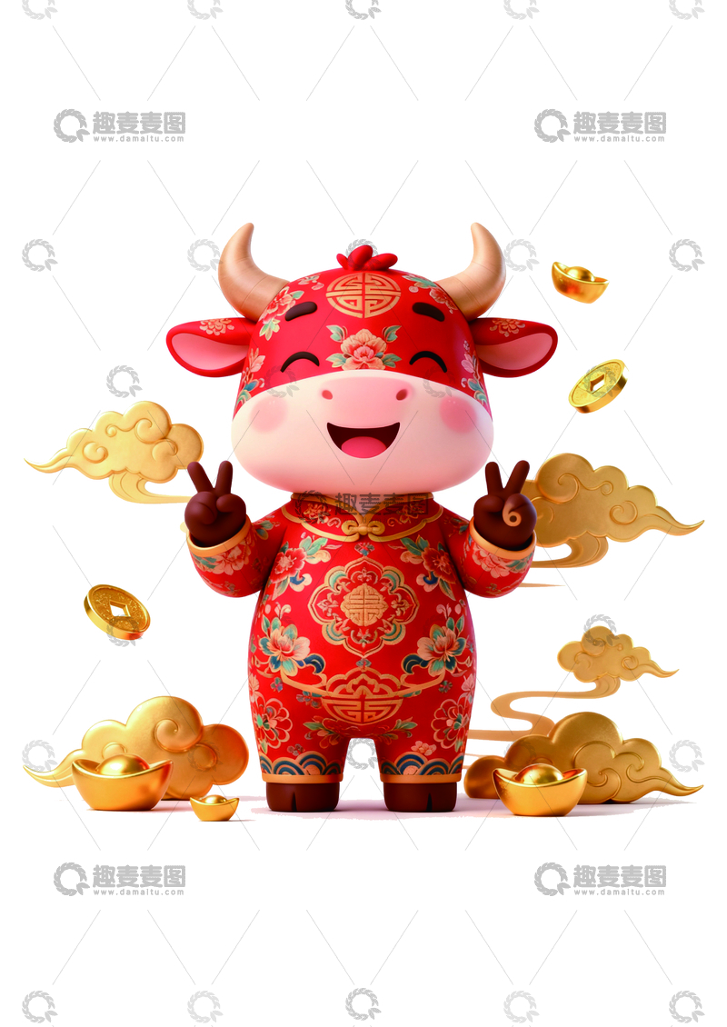 源文件下载【趣麦麦图】-喜庆牛年金币祥云卡通形象
