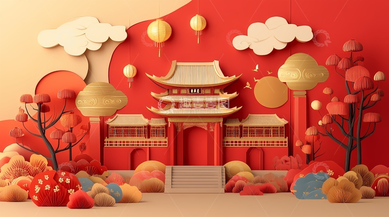 高清大图下载【趣麦麦图】中国传统节庆剪纸风格建筑