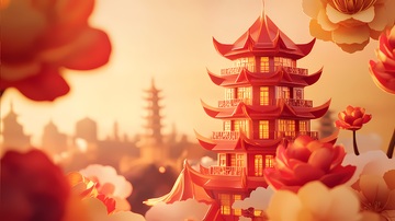 东方塔楼花卉风景插画