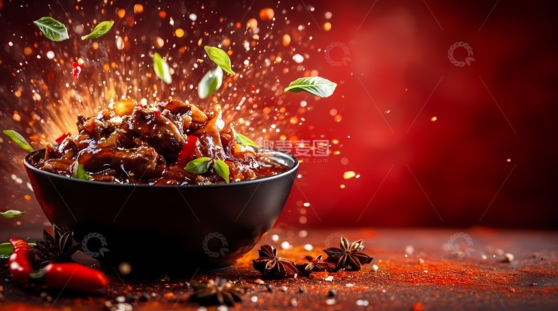高清大图下载【趣麦麦图】美食摄影香辣炖肉喷射效果
