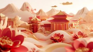 东方风情古建筑花卉场景