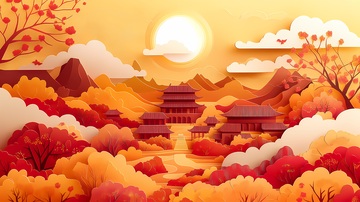 秋意浓古刹风景剪纸艺术