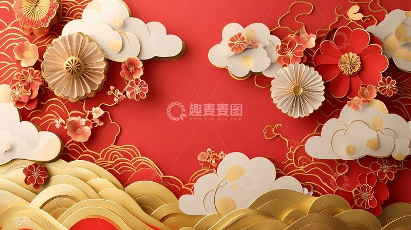 高清大图下载【趣麦麦图】传统中国风花卉祥云图案设计