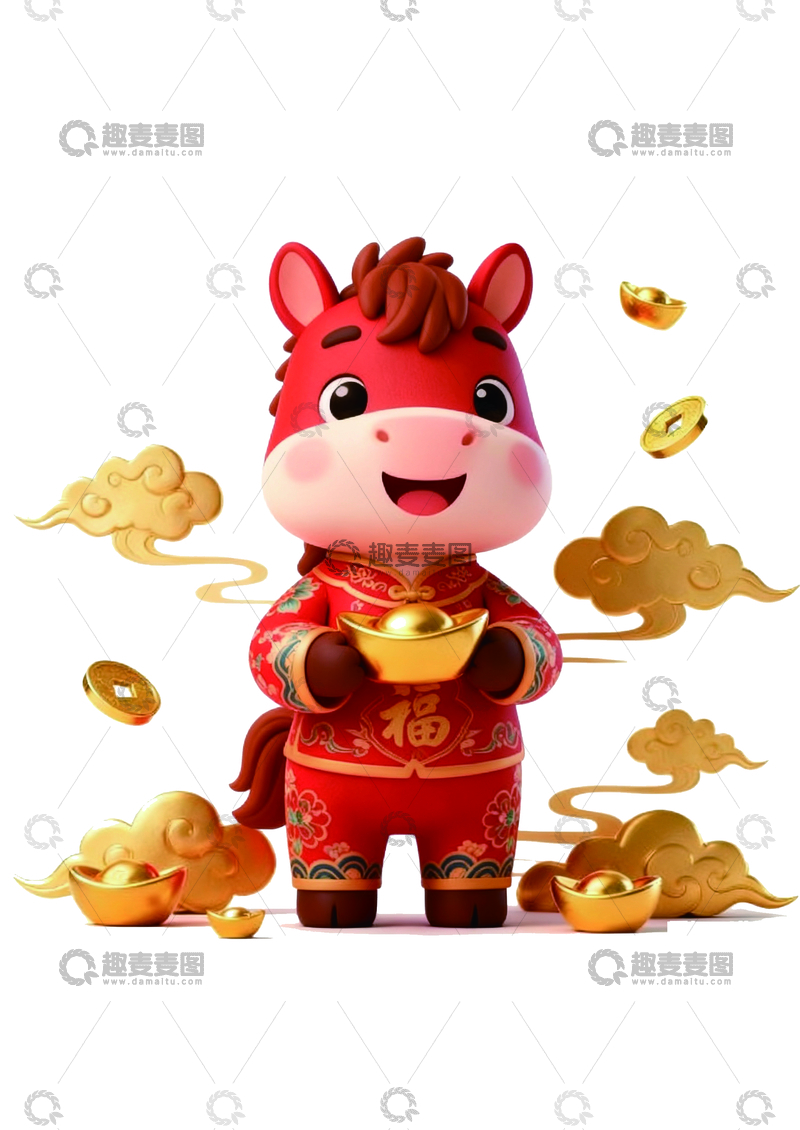 源文件下载【趣麦麦图】喜庆马年金币祥云卡通插画