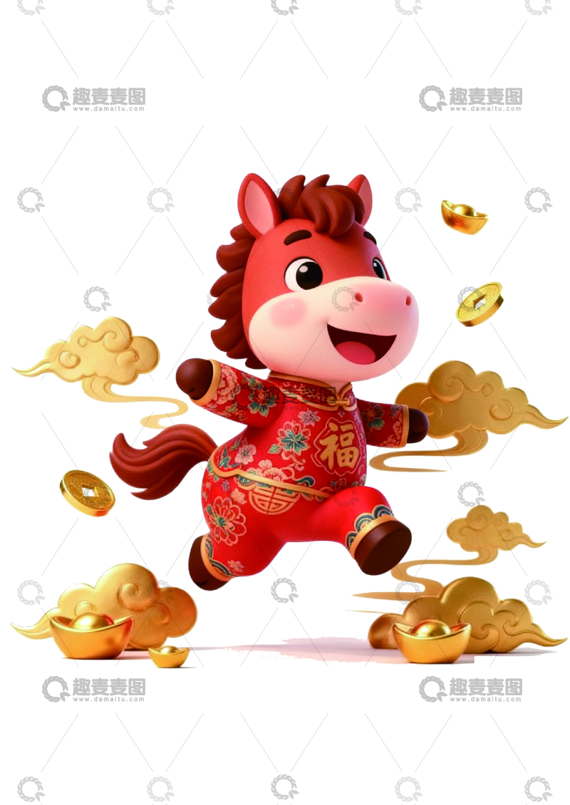 源文件下载【趣麦麦图】喜庆马年金币祥云插画2