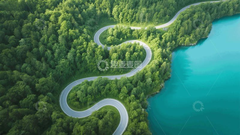 高清大图下载【趣麦麦图】蜿蜒山路森林湖泊航拍