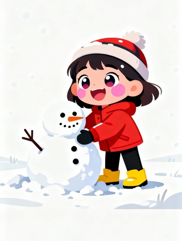 卡爱卡通小女孩堆雪人人物素材