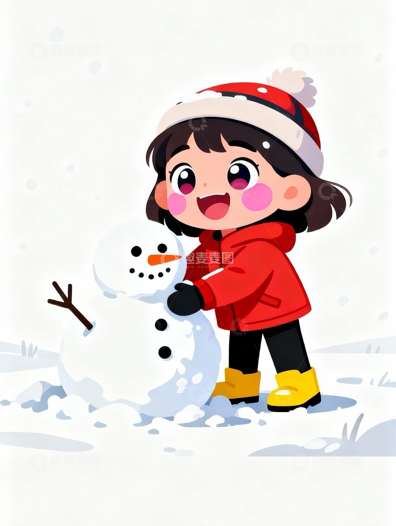 高清大图下载【趣麦麦图】卡爱卡通小女孩堆雪人人物素材