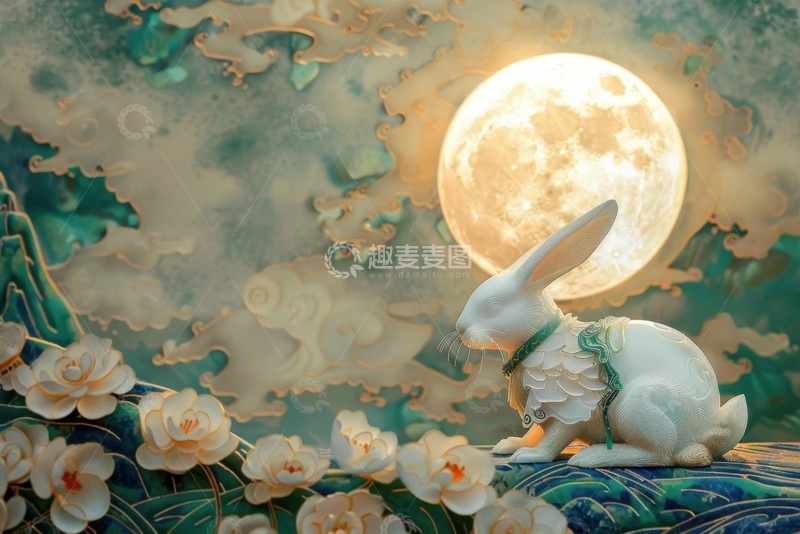 高清大图下载【趣麦麦图】中秋节月亮玉兔场景