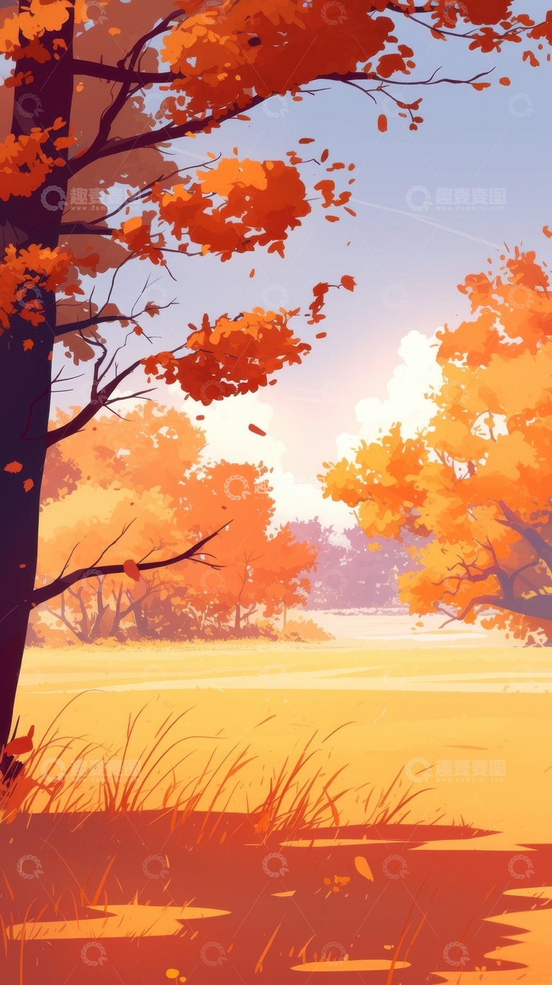 高清大图下载【趣麦麦图】秋季枫树林插画