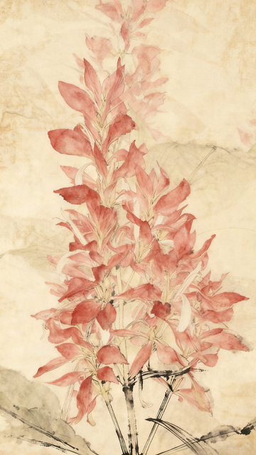 赤苞花古风水彩红叶水墨画