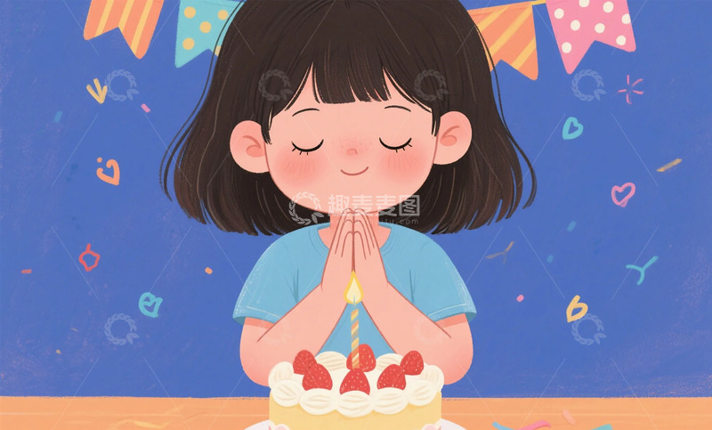 高清大图下载【趣麦麦图】卡通小女孩生日祝福插画