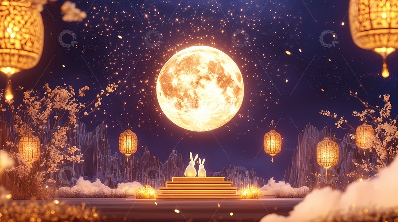 高清大图下载【趣麦麦图】月圆花灯兔子场景
