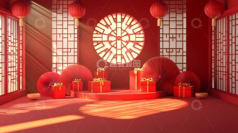 高清大图下载【趣麦麦图】喜庆中国红新年礼盒场景渲染图