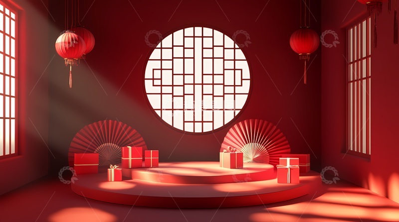 高清大图下载【趣麦麦图】红色中国风新年礼盒场景