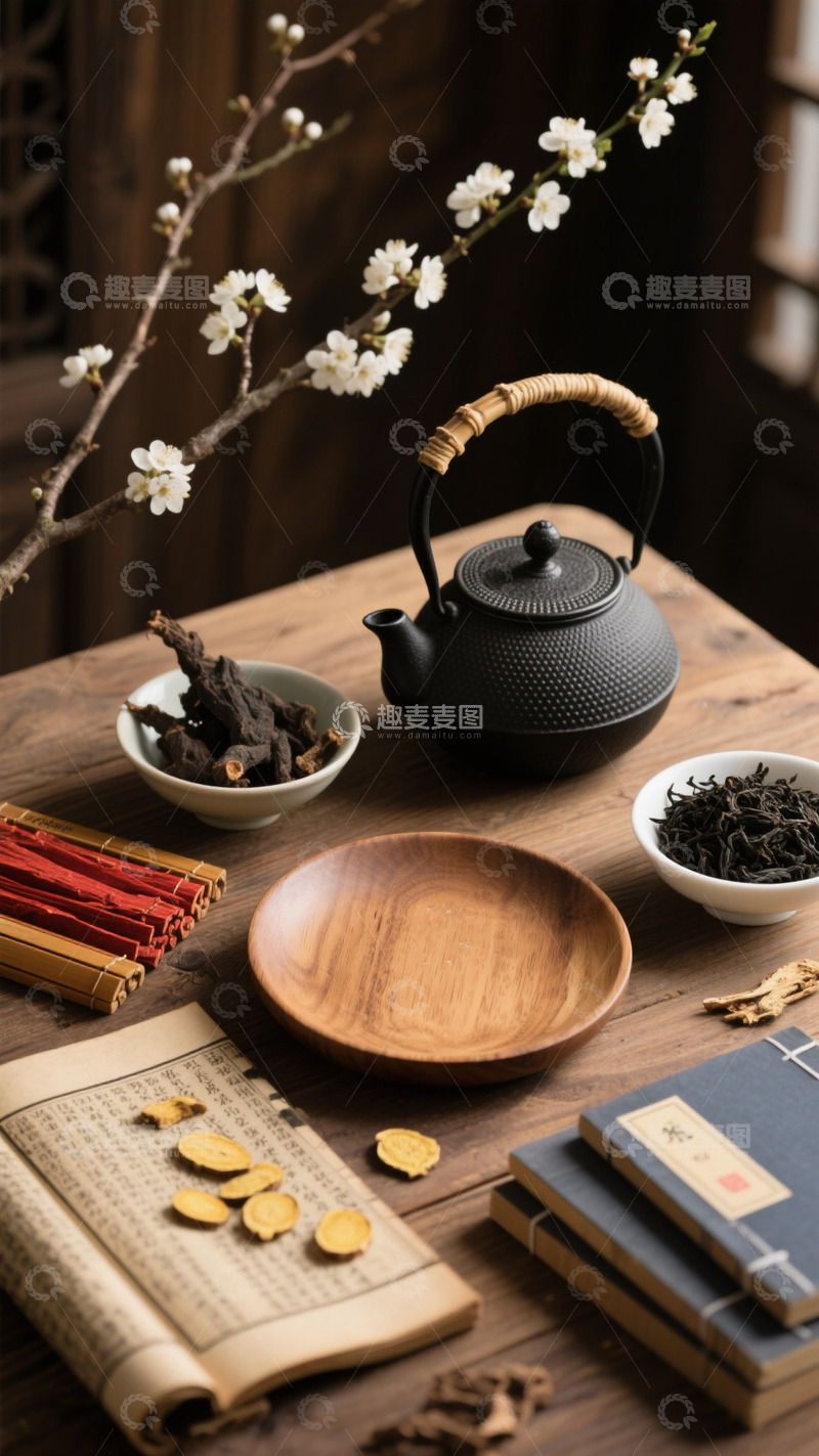 高清大图下载【趣麦麦图】复古中式茶壶药材背景