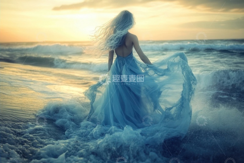 高清大图下载【趣麦麦图】站在大海边的白发女孩