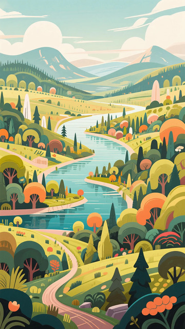 彩绘山水风景插画