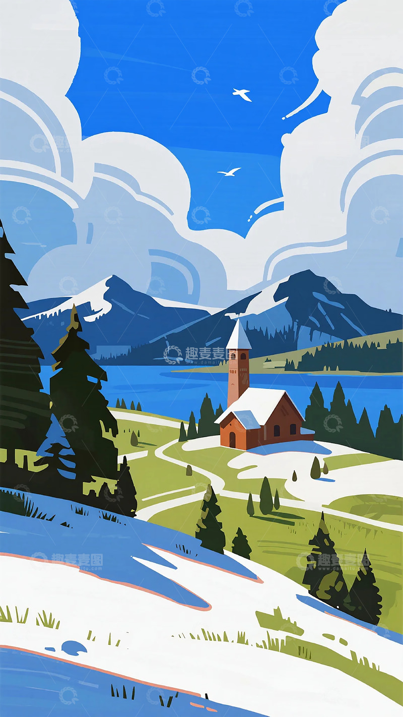 高清大图下载【趣麦麦图】风景插画山水田园小屋