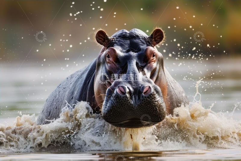 高清大图下载【趣麦麦图】河里洗澡的一只河马