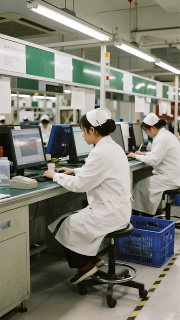 【标题】：工厂车间员工电脑操作工作场景