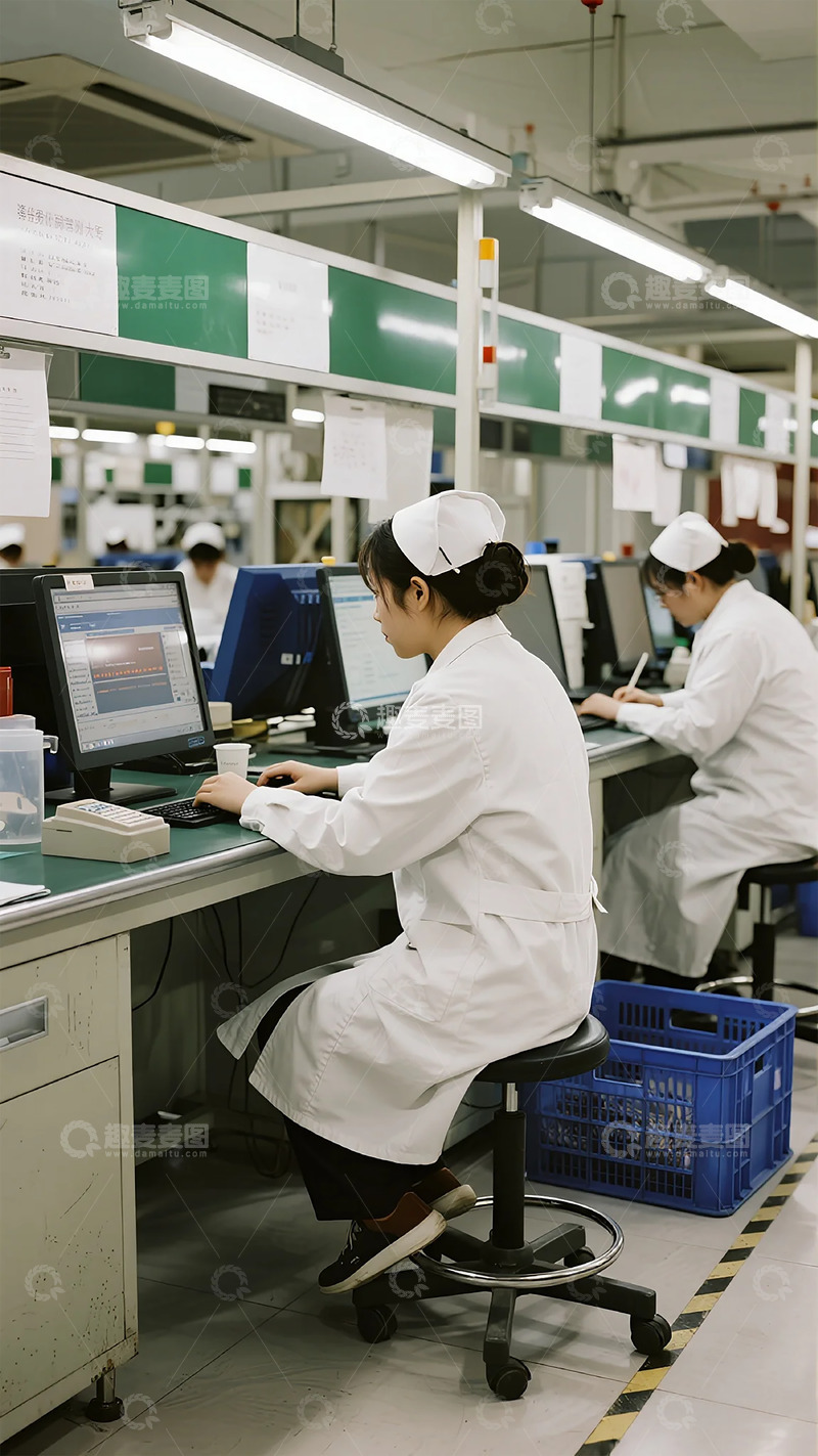 高清大图下载【趣麦麦图】【标题】：工厂车间员工电脑操作工作场景