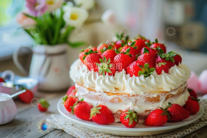 高清大图下载【趣麦麦图】放在桌面上的奶油草莓蛋糕