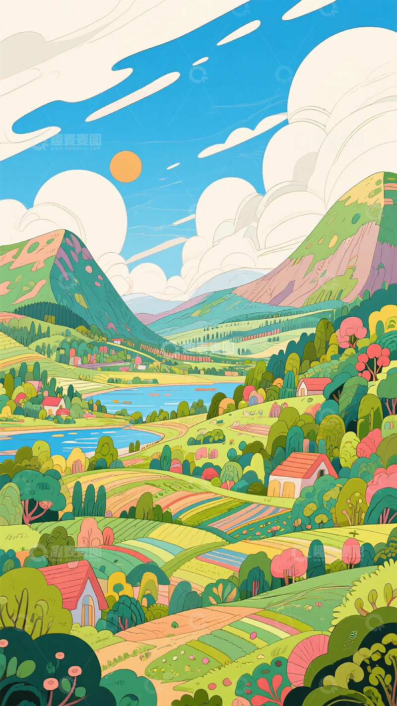 高清大图下载【趣麦麦图】田园风光插画设计素材