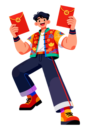 卡通春节人物红包庆祝插画