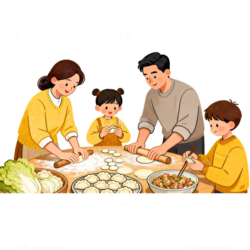 家庭包饺子温馨卡通插画