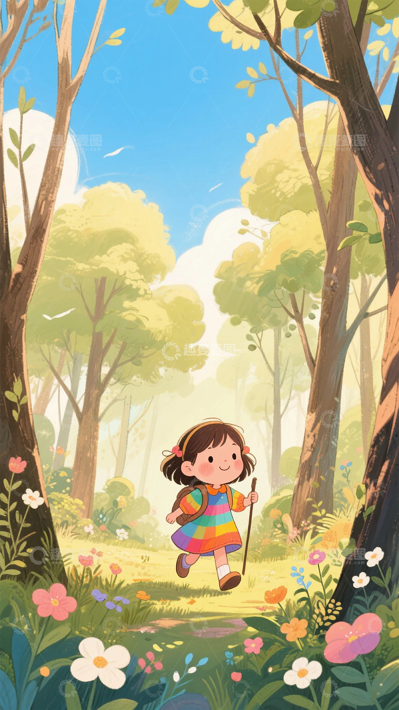 高清大图下载【趣麦麦图】森林漫步小女孩卡通插画