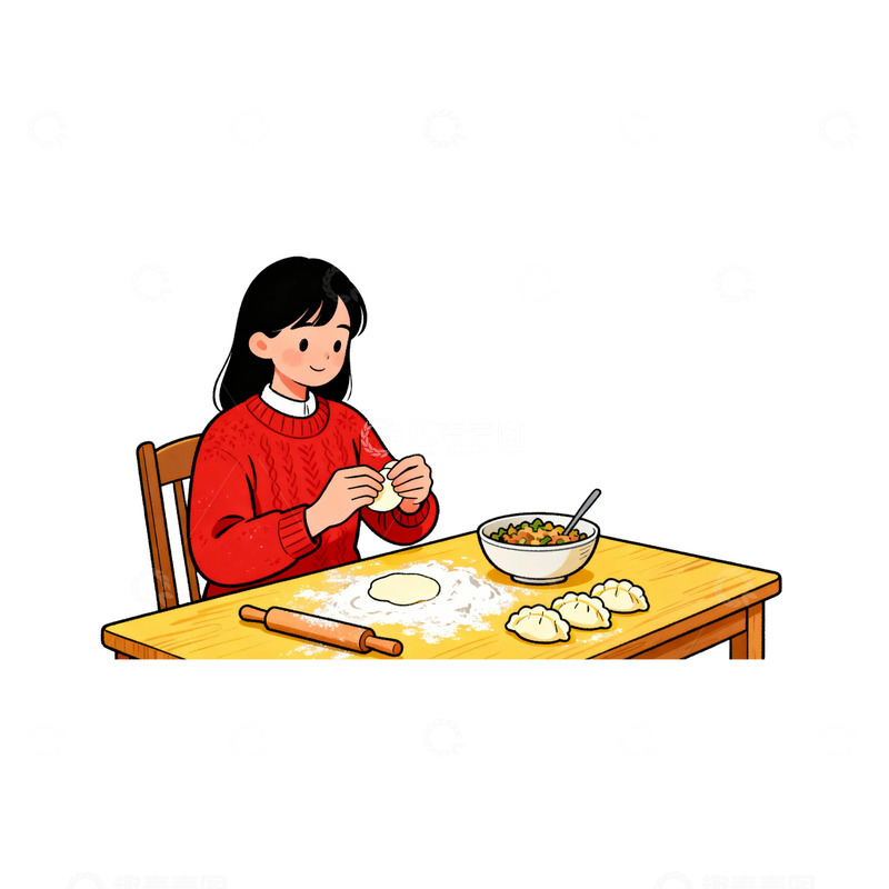 高清大图下载【趣麦麦图】卡通女孩包饺子场景插画