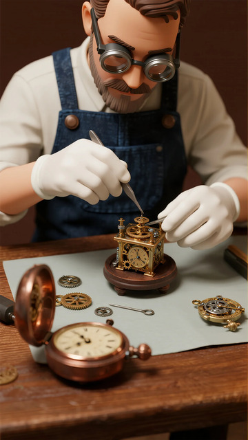 工匠修钟铜器精细工作