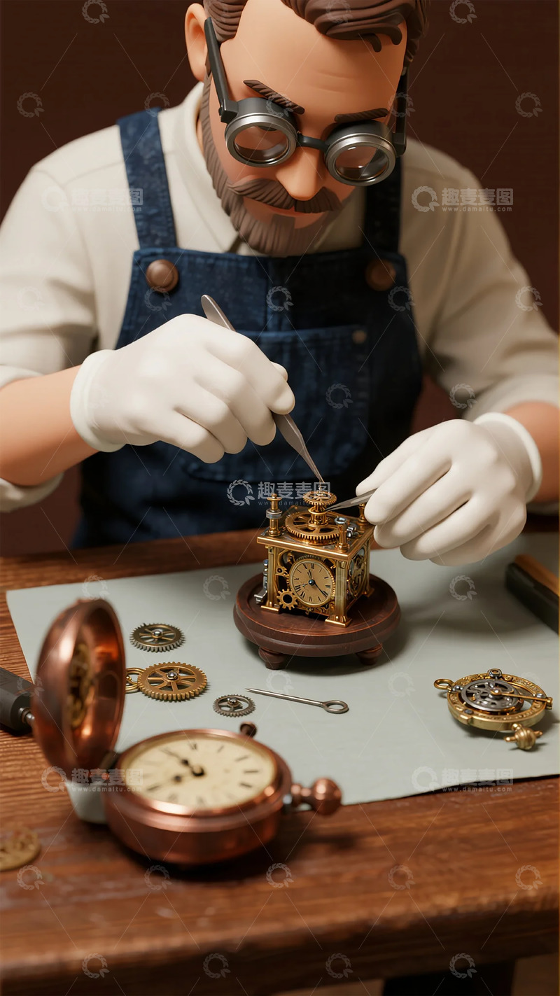 高清大图下载【趣麦麦图】工匠修钟铜器精细工作