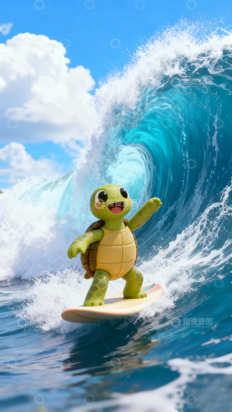 高清大图下载【趣麦麦图】卡通龟冲浪海浪场景
