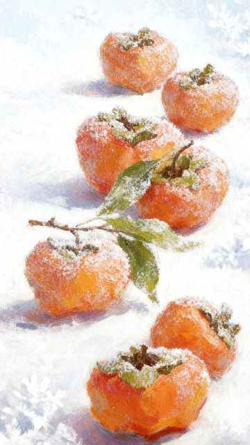 冬日霜雪柿景油画风设计素材