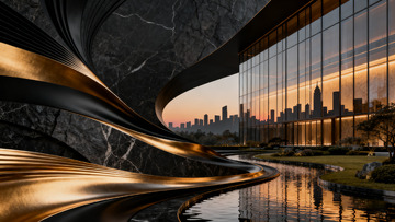 现代建筑金色曲线水景设计