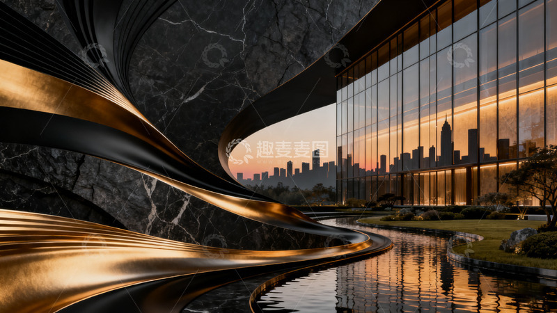 高清大图下载【趣麦麦图】现代建筑金色曲线水景设计