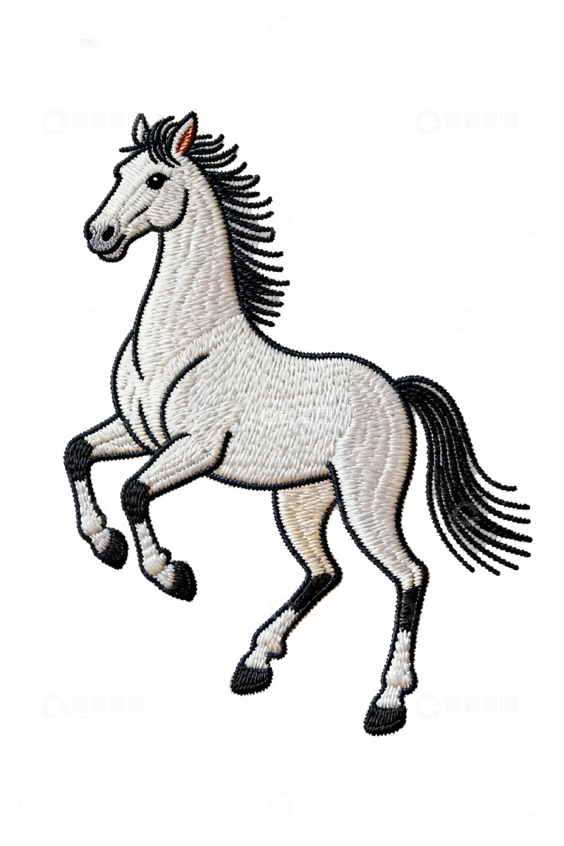 高清大图下载【趣麦麦图】刺绣风格白马图案装饰素材