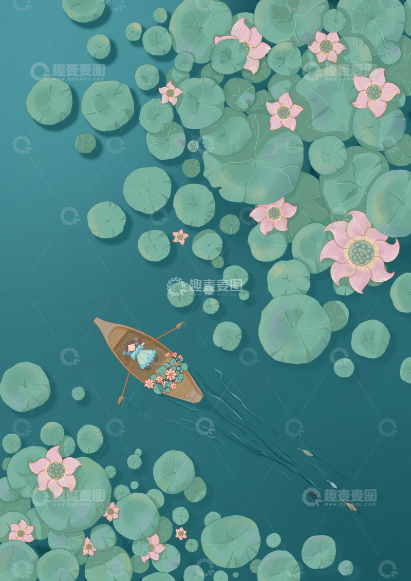 源文件下载【趣麦麦图】荷塘月色下泛舟的小女孩儿