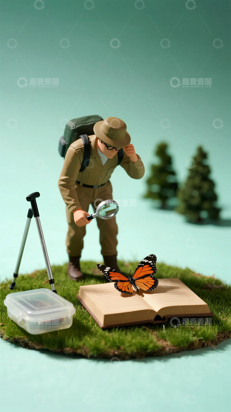 高清大图下载【趣麦麦图】微缩摄影探险者观察蝴蝶