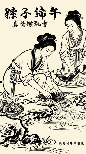 古风水墨端午节包粽子图