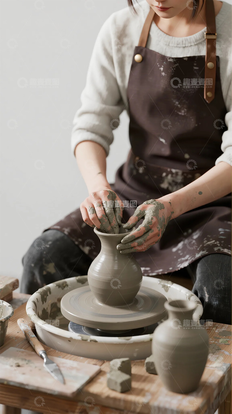 高清大图下载【趣麦麦图】陶艺制作专注塑形