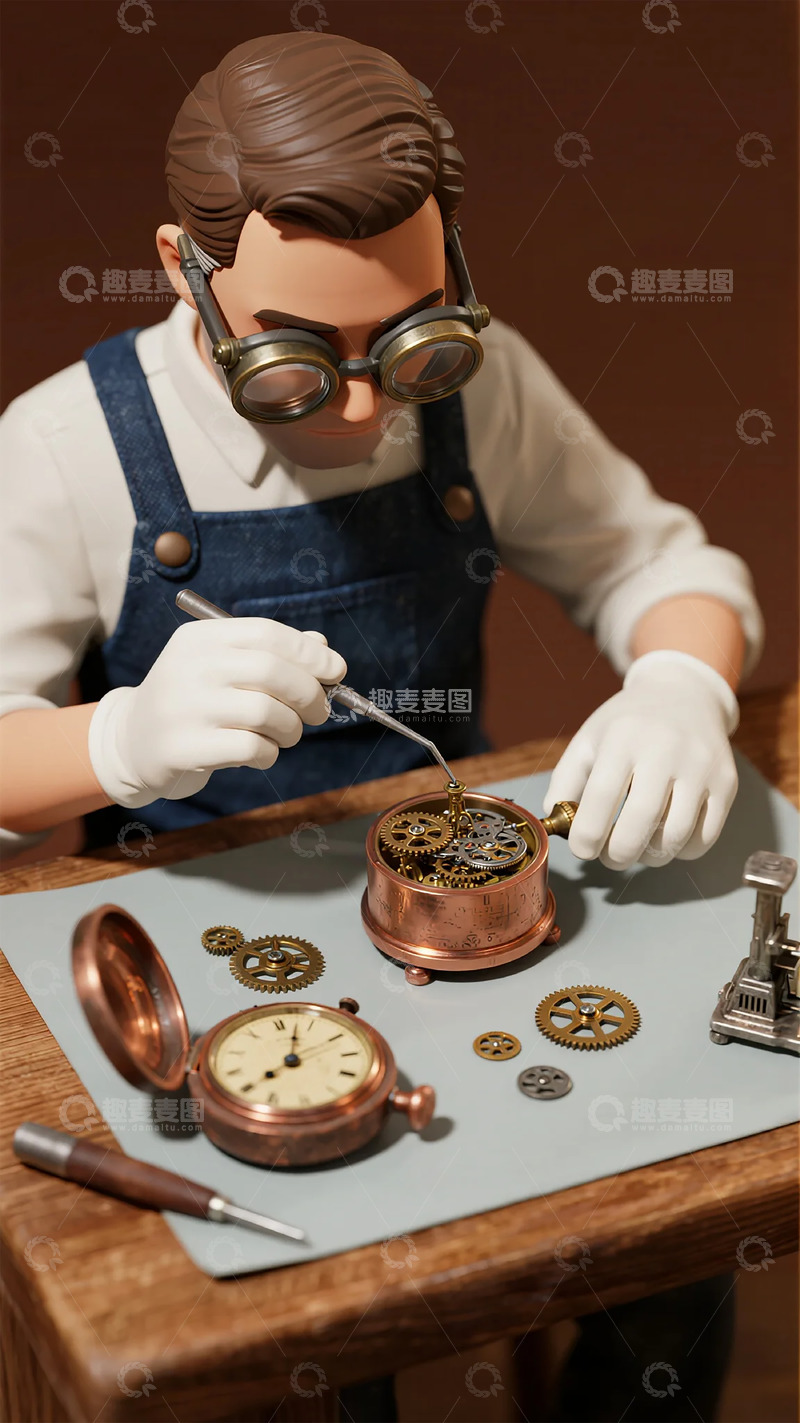 高清大图下载【趣麦麦图】匠人修表写实雕像