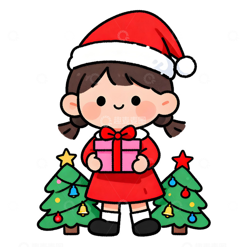 高清大图下载【趣麦麦图】卡通圣诞节女孩礼物插画素材