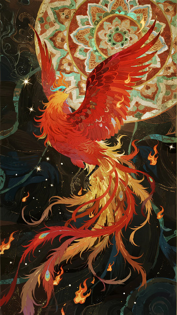 东方神话凤凰展翅艺术插画
