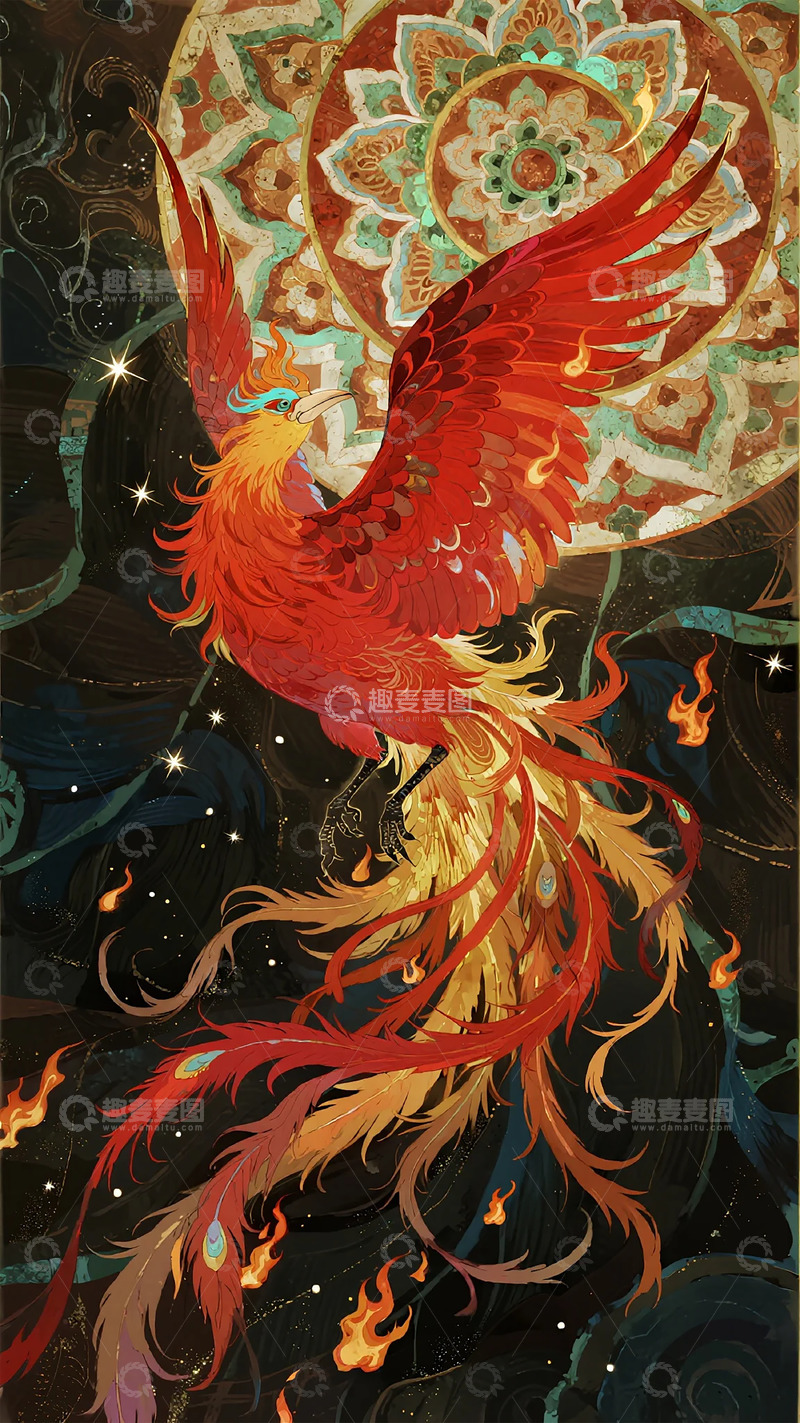 高清大图下载【趣麦麦图】东方神话凤凰展翅艺术插画
