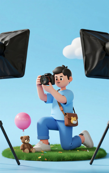 卡通摄影师草地拍照插画