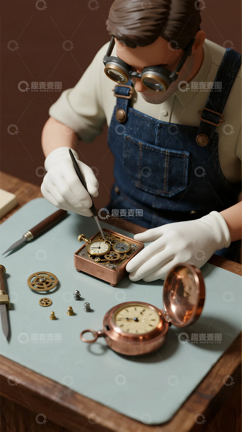 高清大图下载【趣麦麦图】工匠修复怀表雕塑艺术素材
