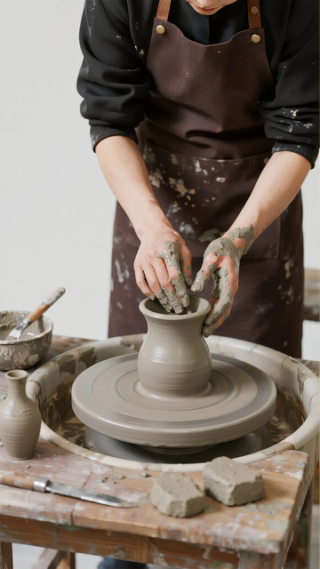 陶泥制作陶艺师陶轮成型工作场景